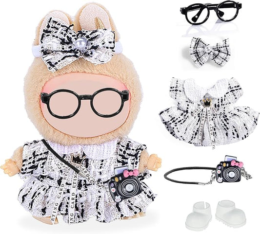 Fashion 17cm Chic Doll Clothes Accessories Set Include: 1 Hairpin, 1 Dress, 1 Glasses, 1 Bag and 1 Shoes for Dress up Your Dolls (Doll Not Included), Chic #White