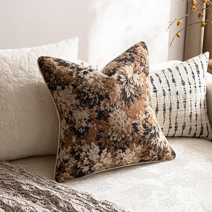 Pack of 2 Vintage Floral Euro Sham Covers 24x24 Boho Farmhouse Accents Chenille Square Decorative Throw Pillow Cases for Living Room Couch Bed Home Decor, Cognac
