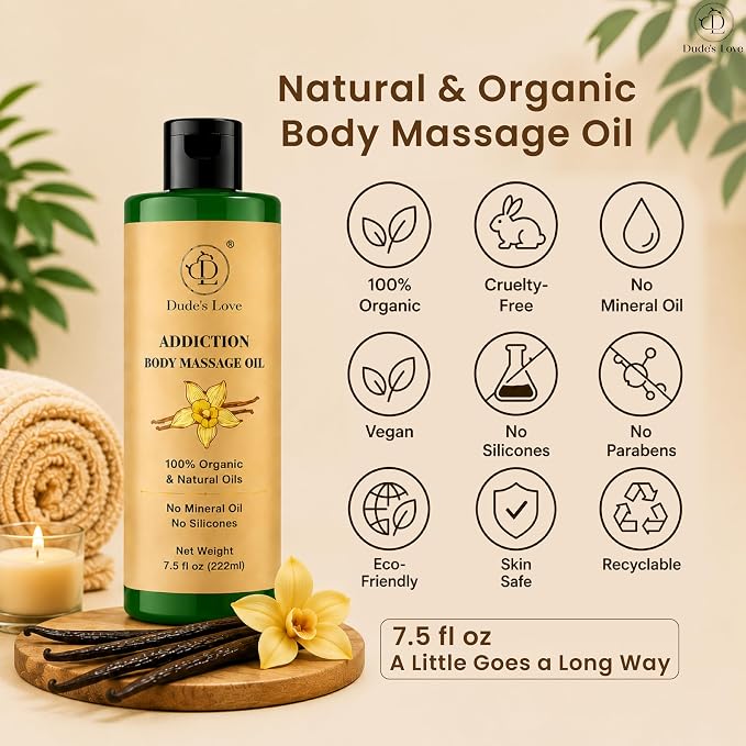Addiction Body Massage Oil | Vanilla Scent | 100% Natural & Organic Oils | No Mineral Oil, No Silicones | Deep Nourishing Body Oil | 7.5 fl oz (222ml)