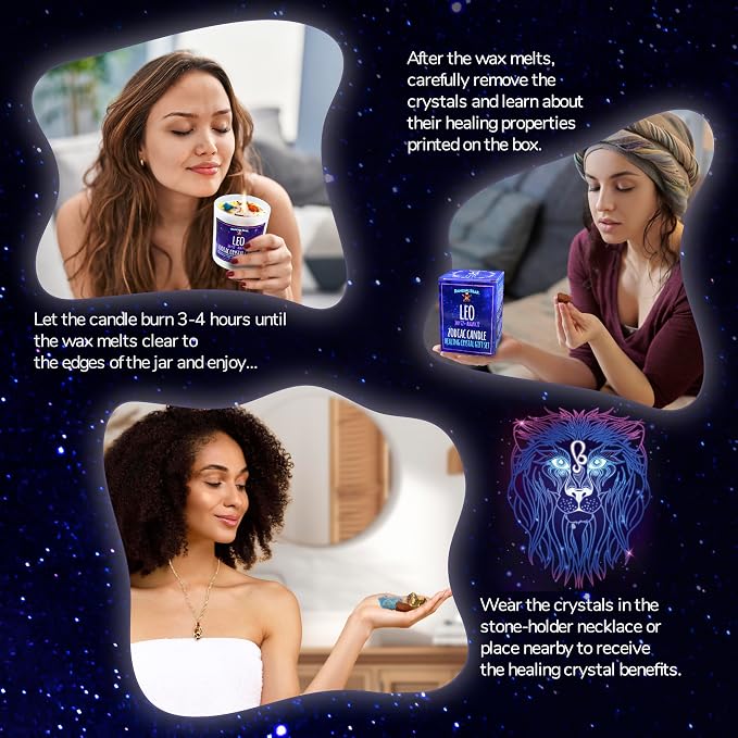 DANCING BEAR Leo Zodiac Candle Gift Box Set with 3 Healing Crystals & Stone Holder Necklace, 100% Soy Scented Wax, Crackling Wood Wick, 45 Hour Burn Time
