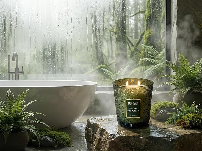 Bellevue Luxury Candles, 12 OZ Soy Blend Candle, Embossed Glass, Fragrances formulated with Essential Oils, Home Fragrances, Scented Candles Gift Set ǀ Scent: Fern & RAINWATER