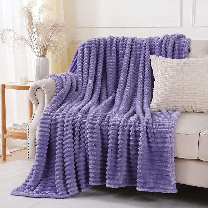 Lavender Throw Blanket for Couch Sofa 50x60 inches Striped Design | Fleece Blankets Room Home Decor Lightweight Plush Soft Cozy Gifts for Women Mom