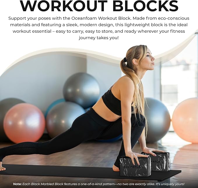 Oceanfoam Workout Block - High-Density Foam Exercise Block, Lightweight, Non-Slip for Stability & Support in Pilates, Yoga, Stretching & More - Algae-based EVA Foam, 9"x6"x4" (Black)