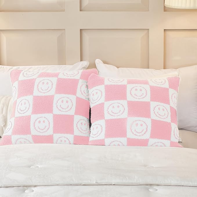 Ultra Soft Cozy Happy Smiling Face Checkered Knitted Throw Pillow Cover Fluffy Microfiber pillocase Decorative for Sofa Bed 18 Inches Both Sides (Pink)