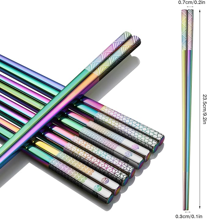 Metal Chopsticks Reusable 18/8 Stainless Steel Chopsticks Laser Engraved Premium Titanium Chop Sticks Dishwasher Safe Lightweight Japanese Korean Chopsticks 5 Pairs Gift Set (Rainbow)