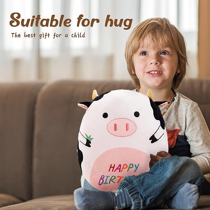 14.5" Birthday Cow Plush Pillow Black Cow Stuffed Animal Cute Soft Body Pillow Hugging Doll Toy Home Happy Birthday Decoration Gifts for Kids Girls and Boys