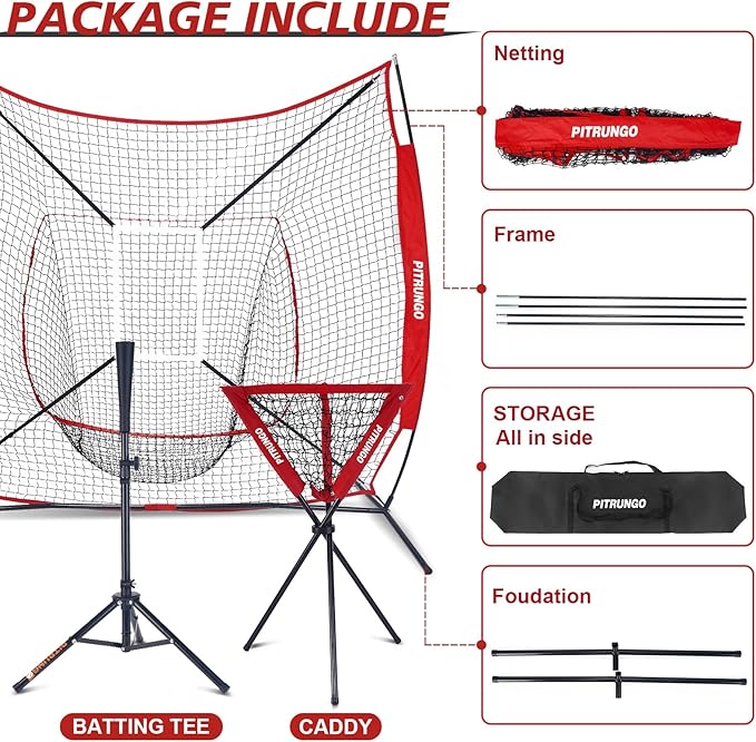 Baseball Softball Tee Batting Tee for Hitting T tee Ball Set Stand Baseball Softball Hitting Pitching Screen Net for Kids Teens Batting Net Set Training Equipment W/Carry Bag for Outdoor