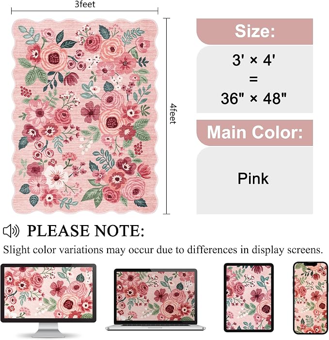 DUKINO 3x4 Rug, Non Slip Floral Washable Area Rug for Entryway, Pink | Soft, Low Pile, Non-Shedding Indoor Throw Rugs for Kitchen, Hallway, Bedroom, Bathroom, Laundry, Pet Friendly, Home Decor