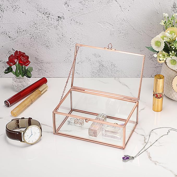 Hipiwe Vintage Glass Keepsake Box Rectangle Jewelry Display Organizer Lidded Box Home Decor Glass Decorative Box for Trinket Rings Earrings Bracelet, Rose Gold, Small