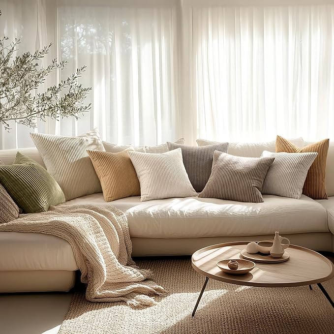 MIULEE Decorative Corduroy Throw Pillow Covers Set of 2 18x18 Cream White | Soft Striped Textured Cushion Cases, Boho Square Pillowcases Neutral Home Decor, for Couch Chair Sofa Bed Living Room