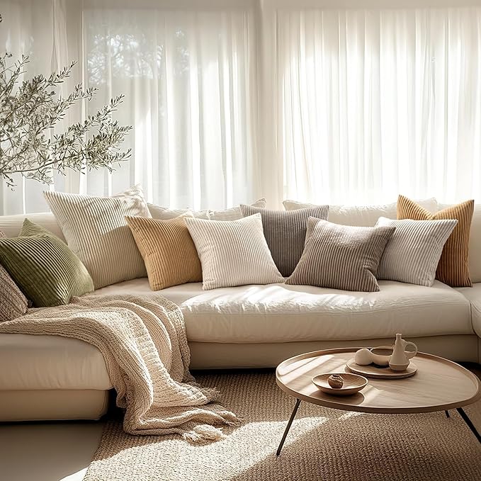 MIULEE Decorative Corduroy Throw Pillow Covers Set of 2 12x12 Cream White | Soft Striped Textured Cushion Cases, Boho Square Pillowcases Neutral Home Decor, for Couch Chair Sofa Bed Living Room