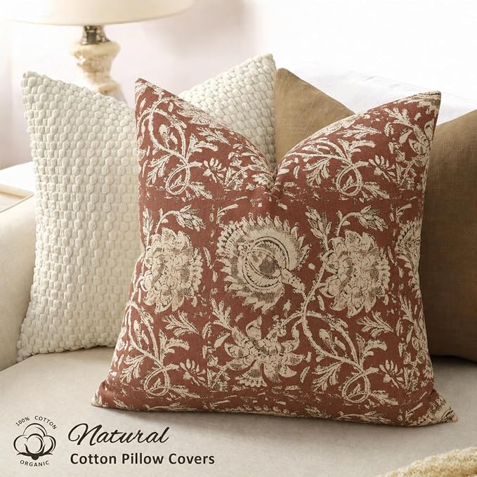 Fall Pillow Covers 18x18 Set of 2 Printed Floral Throw Pillows Farmhouse Pillow Cases Vintage Decorative Cushion Covers Fall Decorations for Couch Sofa Chair Bed Living Room, Rust