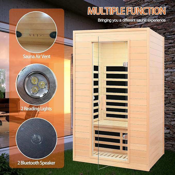 2 Person Infrared Sauna, Low EMF Far Infrared Sauna, Canadian Hemlock Wood Sauna for Home 1500W Indoor Sauna Home Spa Sauna with Bluetooth Speakers, Reading Lights, Roof Vent, Tempered Glass