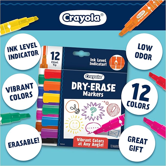 Crayola Take Note Dry Erase Markers for School (12ct) Essential Easter Basket Stuffers, Chisel Tip Whiteboard Markers, Spring Craft Supplies for Teachers, Low Odor