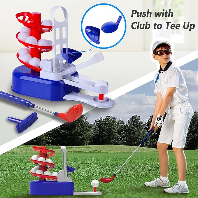 iPlay, iLearn Kids Blue Golf Toy Set W/Left & Right Club Head, Boy Outdoor Sport Toy Age 3-5, Toddler Indoor Golf Ball Game, Child Active Exercise Yard Play, Birthday Gifts for 4 6 7 8 Year Olds Girl