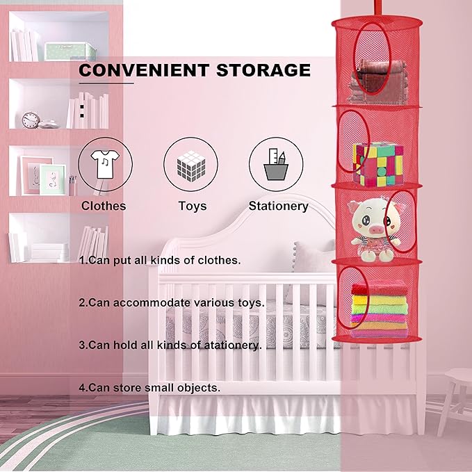 2Pcs Hanging Stuffed Animal Storage Organizer Foldable Stuffed Animal Net Hammock Organizer, 4 Compartments Mesh Hanging Toy Storage Hammock for Kid Room Toys, Gloves, Hats, Socks(Red)