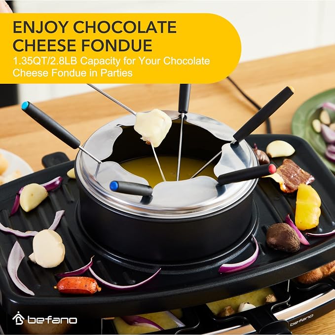 Electric Raclette Grill With Fondue Pot, 1100W Table Grill for 8 Peopl | 3-In-1 Raclette, Fondue And Grill Design, 1100W Heating, 8 Serving Pans, Adjustable Temperature for Indoor Gatherings