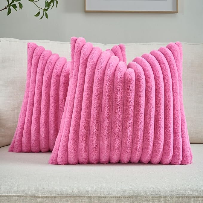 FUTEI Pack of 2 Faux Fur Throw Pillow Covers 16x16 Inch, Hot Pink | Fluffy Faux Rabbit Fur Front/Premium Velvet Back,Hidden Zipper,Machine Washable,Non-Shedding,Colorfast,Insert Not Included.