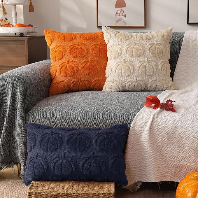 DFXSZ Fall Pillow Covers 12x20 2Pcs Navy Blue Pumpkin Fall Decorations | Fall decor Set of 2 Throw Pillow Cases Soft Plush Faux Fur Wool Couch Cushion for Chair Sofa Bedroom Living Room Home Decor