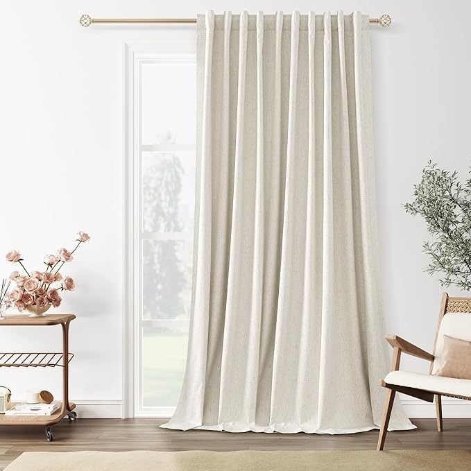Guken Extra Wide 100% Blackout Linen Curtains for Bedroom 96 Inch Long Ceiling to Floor 8 FT Natural Cream Black Out Curtain Back Tab Room Darkening Window Drapes 1 Panel Beige Ivory 70x96