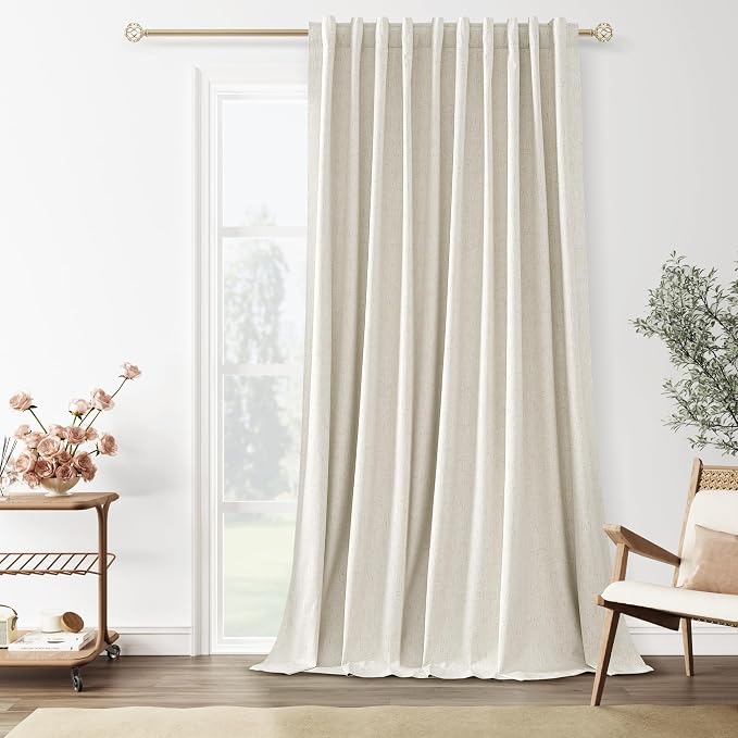 Guken Extra Wide 100% Blackout Linen Curtains for Bedroom 108 Inch Long 9 FT Natural Cream Black Out Curtain Back Tab Room Darkening Window Drapes for Living Room 1 Panel Beige Ivory 70x108