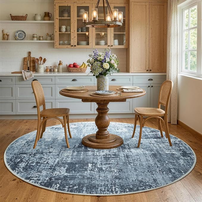 4Ft Round Area Rugs for Living Room, Soft Non-Slip Washable Rugs Modern Abstract Pattern Carpet for Bedroom Indoor Floor Nursery Home Decor (Blue)
