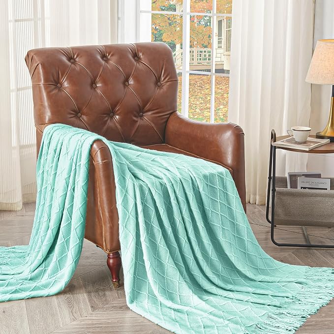 inhand Mint Green Knitted Throw Blanket for Couch and Bed, 50"x60" | Soft Living Room Home Decor Knitted Blanket with Tassel, Outdoor Lightweight Breathable , Farmhouse Warm Woven Decorative