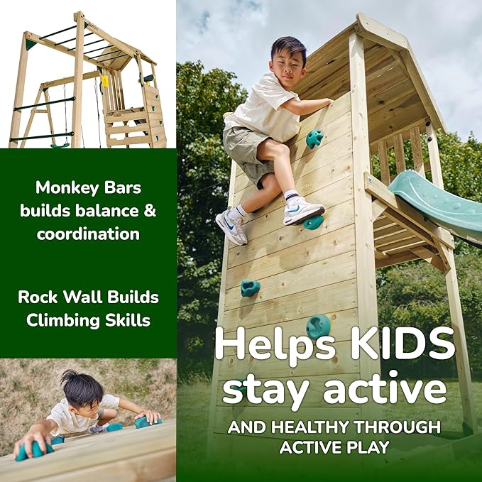 Plum Wooden Swing Sets for Backyard with Slide, Outdoor Toddler Playground Playsets, Monkey Bars, Jungle Gym for Kids, 2 Swings, Rock Climbing Wall, Telephone, Chalkboard, Sturdy, Weatherproof, Age 3+
