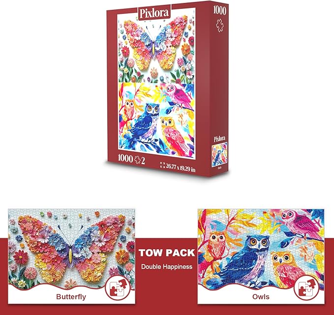 Jigsaw Puzzles 1000 Pieces for Adults, 2 Pack Floral Butterfly and Owl Theme, Colorful Bird Puzzles, Challenging Puzzles for Family Game Night, Ideal for Home Decor