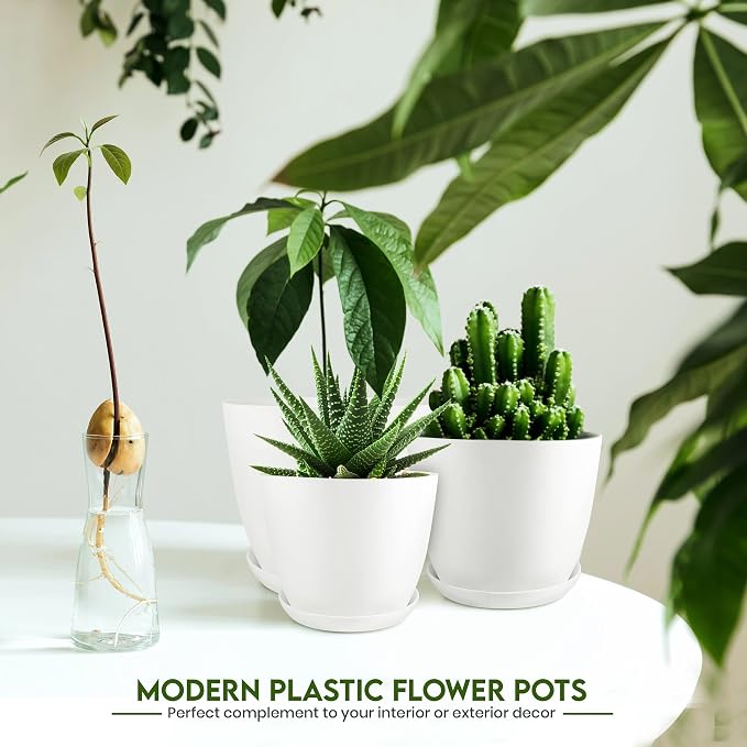 Plant Pots Indoor with Drainage, 5 Pack Multi-Size Planters Set, White | Drainage holes included Multiple sizes 7/6.6/6/5.3/4.8 In Indoor plants and flowers Durable plastic construction