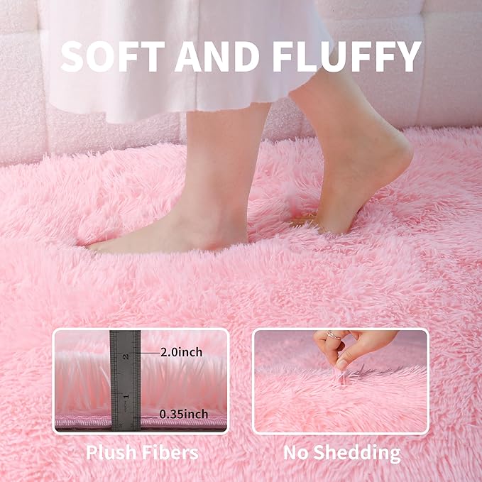 3x5 Pink Fluffy Shag Rug for Girls Bedroom, Plush Washable Carpet | Area Rug for Living Room, Kids Nursery, Dorm Room, Machine Washable Shaggy Floor Carpet