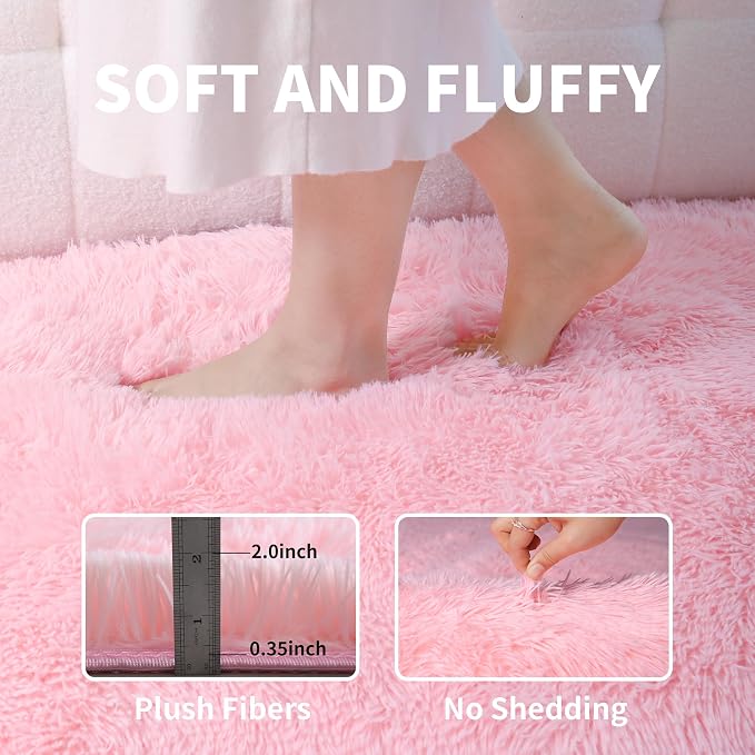 KICHOWUA Pink Fluffy 9x12 Area Rug Bedroom Living Room Soft Washable Shag | Pink Fuzzy Furry Plush Rug for Girls Kids Room Nursery Dorm Decor, Baby Toddler, Soft Washable Shag Carpet