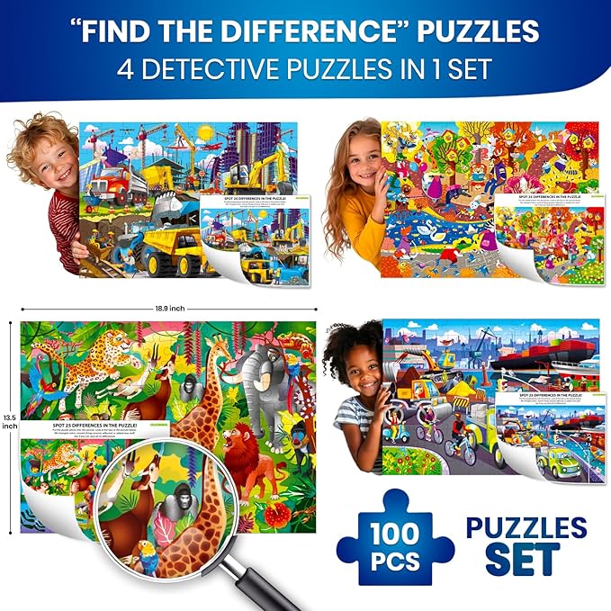 QUOKKA 100 Piece Puzzles for Kids Ages 4-6 – 4 Puzzles for Kids Ages 6-8 – Search and Find Animals and Construction Vehicles Kid Activities for 8-10 yo – Toddler Learning Toy Game Gift for Boys 5-8