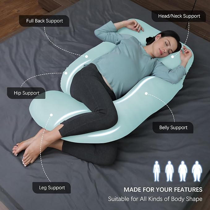 MOON PARK Pregnancy Pillows for Sleeping - U Shaped Full Body Maternity Pillow with Removable Cover - Support for Back, Legs, Belly, HIPS - 65 Inch - Ice Blue - Cooling Cover