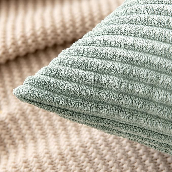 MIULEE Soft Corduroy Throw Pillow Covers Set of 2 20x20 Greyish Green | Decorative Striped Textured Cushion Cases, Boho Natural Greenery Pillowcases, Home Decor for Couch Chair Sofa Living Room