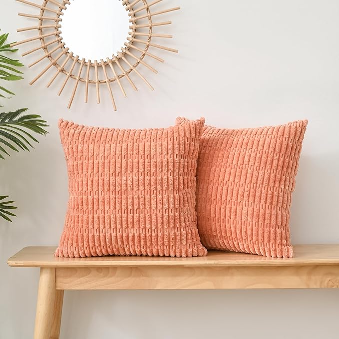 Volcanics Pack of 2 Corduroy Decorative Coral Throw Pillow Covers 18x18 | Soft Striped Square Cushion Cases, Modern Farmhouse Boho Home Decor