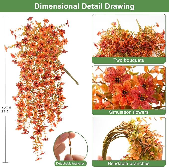 INQCMY Artificial Fall Fake Flowers for Outdoor Fake Hanging Decoration | 2PCS Faux Mums Silk Flower with Autumn Leaves UV Resistant No Fade for Home Planter Porch Patio Yard Balcony (Orange Red)