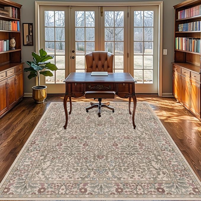 Vintage Moss Living Room Rug, 5x7 Washable Area Rugs for Dining Room Under Table, Soft Low Pile Large Carpet Bedroom, Non-Slip Boho Floral (5 x 7 Moss)