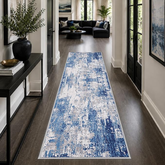 RELEANY Washable Runner 2'x6' Abstract Area Rug for Hallway Blue Gray | carpet for kitchen, entryway, bathroom, living room, bedroom, printed pattern, non-slip, soft, stain-resistant, easy to clean