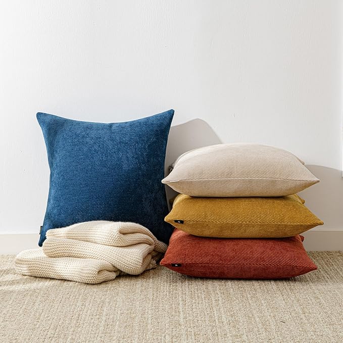a moment Pack of 2 Decorative Chenille Throw Pillow Covers with Twill Cushion Covers for Sofa Living Room Couch Bed 16x16 Inch Blue