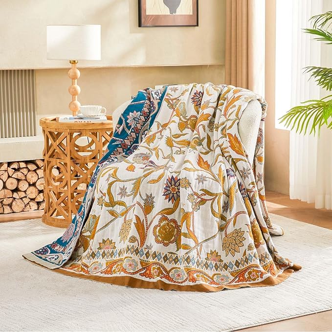XIBLC Fall Throw Blanket for Couch, Brown Boho Decorative Throw Blanket, 100% Cotton Muslin Breathable Woven Farmhouse Blankets Quilt, 50"x60" Reversible Lightweight Blankets Bohemian Throw Quilt