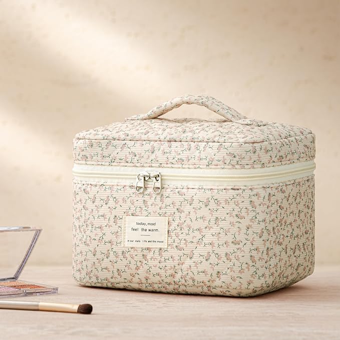 HBselect Quilted Makeup Bag, 3PCS Cotton Large Travel Makeup Bag, Cute Floral Coquette Make up Bag Cosmetic Bag Toiletry Bag for Women Girls