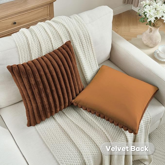 FUTEI Pack of 2 Faux Fur Throw Pillow Covers 26x26 Inch, Rust | Fluffy Faux Rabbit Fur Front/Premium Velvet Back,Hidden Zipper,Machine Washable,Non-Shedding,Colorfast,Insert Not Included.