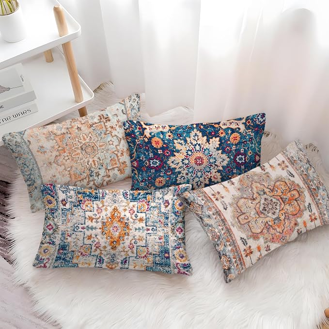 Boho Throw Pillow Covers 12x20 inch Set of 2,Boho Vintage Carpet Pattern Antique Ethnic Decor Double Sided Pattern Cushion Cover Soft Pillow Case Living Sofa Room Bed Square Pillow Cover