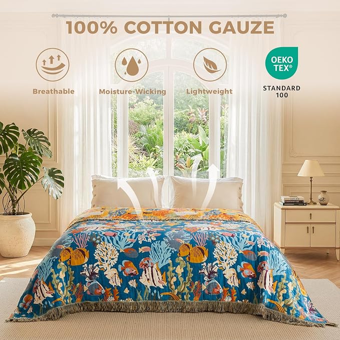 LUTBM Boho Throw Blanket for Bed 60"x80", All Season Cotton Couch Blankets | Underwater Ocean Life Jacquard, Twin Quilt, For Chair Sofa Bedroom Living Room, Lightweight & Breathable Gauze, Home Decor