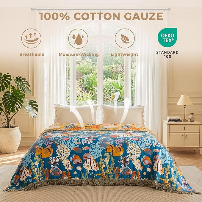 LUTBM Boho Throw Blanket for Couch 50"x60", Cotton Decorative Bed Throw | Underwater Ocean Life Jacquard, All-Season Muslin Blankets, For Chair Sofa Living Room Decor, Lightweight & Breathable Gauze