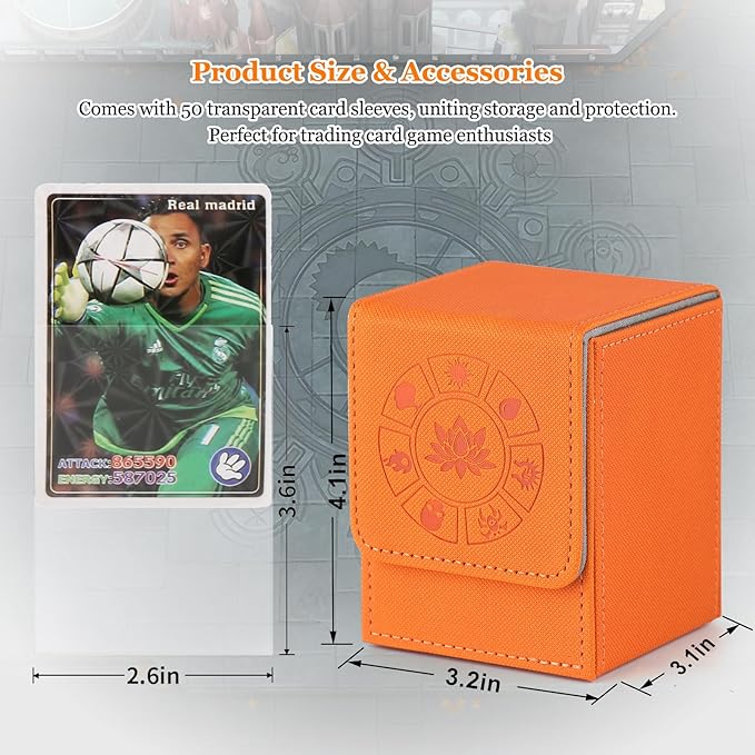 Arkeiliy MTG Deck Box with 50 Pcs Card Sleeve, 110+ Card Storage Leather Deck Box for Magic Commander, Collectible Trading Card Cases(Orange III)