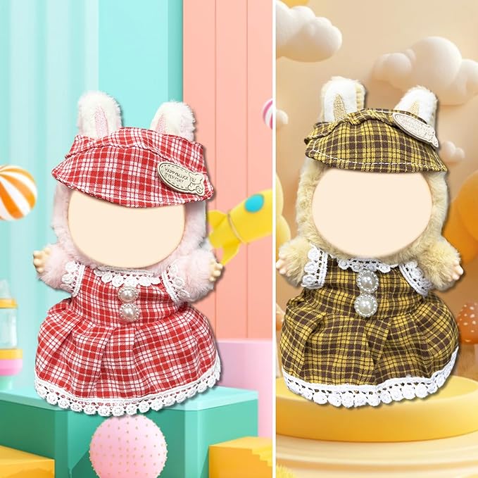 Doll Clothes for Labubu,Cute Outfit for 17cm Doll Clothe 2/3PCS Clothes and Hats Stylish Dolls Clothe for 17 cm Labubu,Casual Style Costumes for Labubu Dolls (Yellow red Plaid Set)