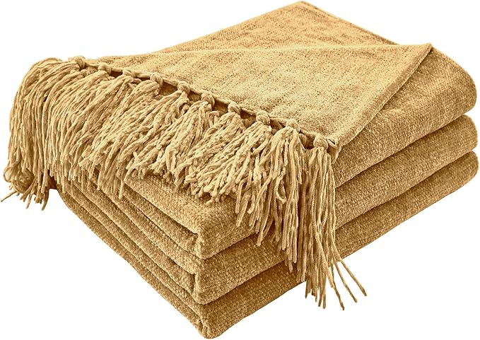 CozeCube Chenille Throw Blanket, Light Brown Fringe Blanket, 50"X60" | For Couch, Cozy Plush Fuzzy Decorative Blanket with Fringe Tassels, Lightweight Throws for Bed Sofa Gift Home Decor