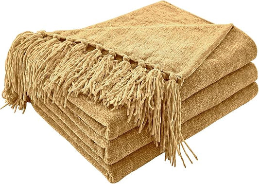 CozeCube Chenille Throw Blanket, Light Brown Fringe Blanket, 60"X80" | For Couch, Cozy Plush Fuzzy Decorative Blanket with Fringe Tassels, Lightweight Throws for Bed Sofa Gift Home Decor